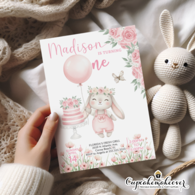 Boho Bunny 1st Birthday Editable Invitation
