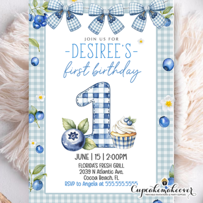 blueberry first birthday girl, berry first birthday invitation, blue cake birthday invite, little blueberry party, baby girl birthday invitation, blue gingham invite, first birthday girl, editable birthday template, summer birthday party, blueberry theme decor