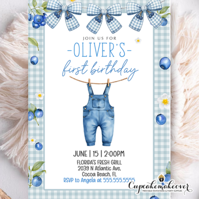 Little Blueberry First Birthday Invitation, Boy 1st Birthday Invite, Blue Gingham Birthday, Berry First Birthday Party, Editable Template, Baby Boy Birthday