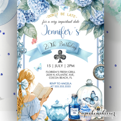 Invite your guests to a wonderful Wonderland celebration with this stylish Alice in Wonderland birthday invitation. Featuring a beautiful illustration of Alice reading her book, this design is surrounded by charming vintage details including a teacup, a “Drink Me” bottle, and a classic pocket watch. A soft blue floral border at the top adds a touch of elegance, creating a magical and timeless invitation perfect for your special day.