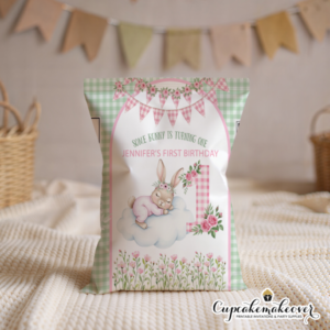 bunny party favor bag, some bunny is turning one, first birthday girl, bunny birthday party, baby girl party favors, floral bunny theme, gingham party decor, spring birthday party, bunny treat bags, personalized party bags