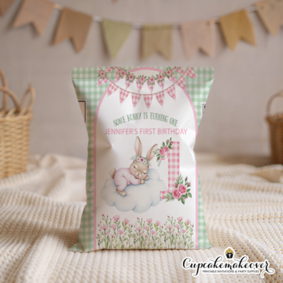 bunny party favor bag, some bunny is turning one, first birthday girl, bunny birthday party, baby girl party favors, floral bunny theme, gingham party decor, spring birthday party, bunny treat bags, personalized party bags