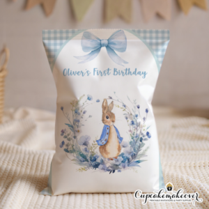 bunny first birthday boy, peter rabbit party favors, blue bunny birthday, baby boy first birthday, bunny treat bags, personalized party bags, storybook bunny theme, floral bunny decor, first birthday boy supplies, bunny party favor bags