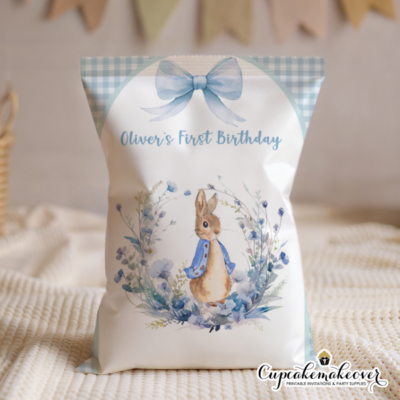bunny first birthday boy, peter rabbit party favors, blue bunny birthday, baby boy first birthday, bunny treat bags, personalized party bags, storybook bunny theme, floral bunny decor, first birthday boy supplies, bunny party favor bags