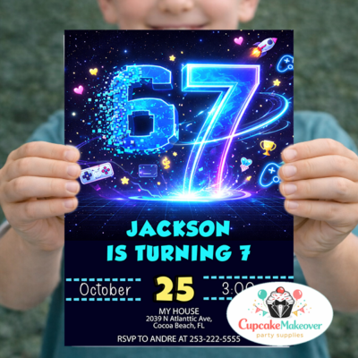 Gaming birthday party invitations 7th birthday invitations for boys Video game themed birthday party Neon birthday invitations Digital or printable birthday invites Modern kids party invitations