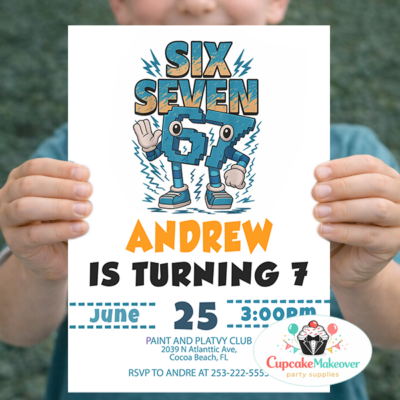 7th birthday invitation for boys Robot birthday party invitation Meme birthday invite (“Six Seven Bruh”) Kids birthday party invitations Printable or digital birthday invitations Cartoon robot birthday theme