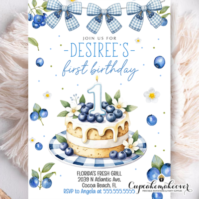 Little Blueberry First Birthday Invitation, Boy 1st Birthday Invite, Blue Gingham Birthday, Berry First Birthday Party, Editable Template, Baby Boy Birthday