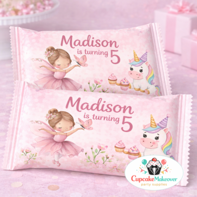 Ballerina & Unicorn Birthday Candy Bar Wrappers – Custom Princess Party Favors