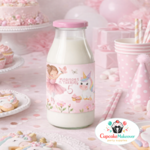 Personalized Girl Birthday Drink Labels, Pink Princess Party Decor Ballerina & Unicorn Milk Bottle Labels – Personalized Birthday Party Drink Wraps for Girls