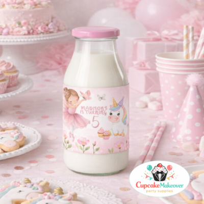 Personalized Girl Birthday Drink Labels, Pink Princess Party Decor Ballerina & Unicorn Milk Bottle Labels – Personalized Birthday Party Drink Wraps for Girls