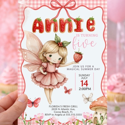 strawberry birthday invite fairy birthday invitation berry sweet party invite pink gingham invitation girls birthday fairy theme strawberry party girl whimsical fairy invite summer birthday invite