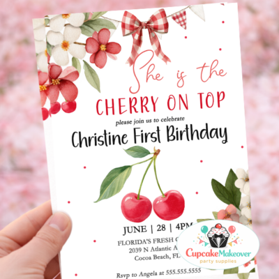 cherry birthday invite first birthday girl invite berry sweet birthday cherry on top invite pink bow invitation