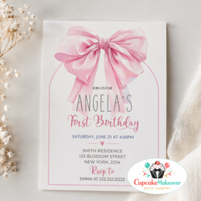 Pink Bow First Birthday Invitation Template | Coquette Baby Girl Birthday Invite | Elegant Ribbon Party Printable