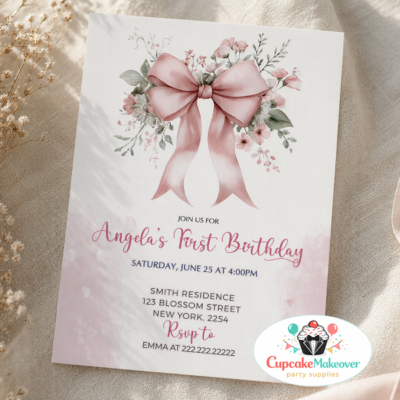 floral first birthday invitation pink bow birthday invitation baby girl first birthday invite floral birthday invitation girl coquette birthday invitation pink floral party invitation garden birthday invite girl elegant baby birthday invitation soft pink birthday invite watercolor flower invitation girly first birthday invite