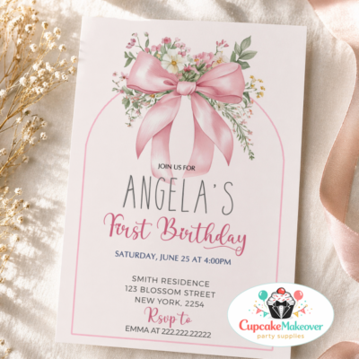 floral first birthday invitation pink bow birthday invitation baby girl first birthday invite floral birthday invitation girl coquette birthday invitation pink floral party invitation garden birthday invite girl elegant baby birthday invitation soft pink birthday invite watercolor flower invitation girly first birthday invite
