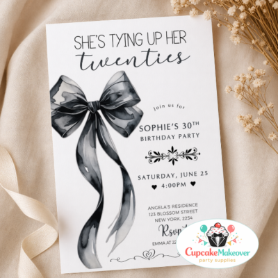 tying up her twenties invitation 30th birthday invitation black bow coquette birthday invitation template black and white birthday invite minimalist 30th birthday invitation editable birthday invitation template 30th birthday party printable modern script birthday invite neutral birthday invitation design classy birthday invitation template birthday party invitation digital black bow party invitation 30th birthday coquette theme simple elegant birthday invite