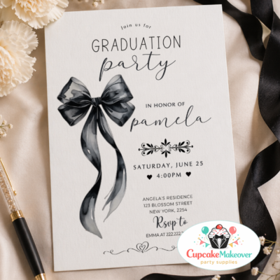 • Graduation party invitations • Chic black & white themed events • Coquette aesthetic celebrations • Feminine and elegant party themes