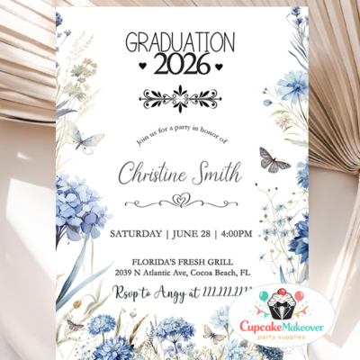 printed graduation invitation digital graduation invite blue floral invite graduation announcement college graduation invite high school graduation invite garden graduation party invite