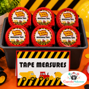 construction birthday party, tape measure favors, measuring tape party favors, construction theme birthday, construction party decorations, under construction birthday, construction dessert table, construction favors, dump truck birthday, builder birthday party, caution party decor, construction printable, kids construction party, construction food labels, cupcake makeover party supplies