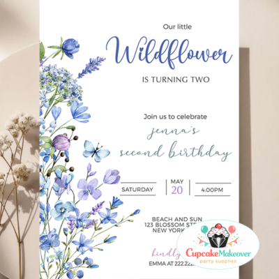wildflower birthday invitation, 2nd birthday girl invite, floral birthday invitation girl, wildflower party invite, botanical birthday invite, second birthday invitation girl, garden party birthday invite, floral kids birthday invite, editable birthday invitation template, printable birthday invite girl, spring birthday invitation, summer birthday invite floral, elegant kids party invitation, blue floral birthday invite, custom birthday invitation girl
