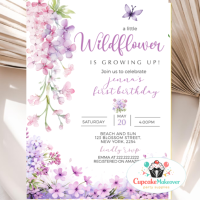 wildflower birthday invitation, first birthday girl invite, floral birthday invite, boho birthday invitation, garden party invite, wildflower theme birthday, pink purple floral invite, baby girl first birthday, 1st birthday invitation girl, spring birthday invitation, butterfly birthday invite, elegant floral invitation, printable birthday invite, digital birthday invitation, boho floral invite, garden birthday party, pastel birthday invite, wildflower baby birthday, custom birthday invitation, floral kids party invite
