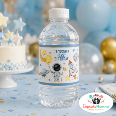 Space Birthday Water Bottle Label Printable, Rocket Outer Space Birthday Party Decor